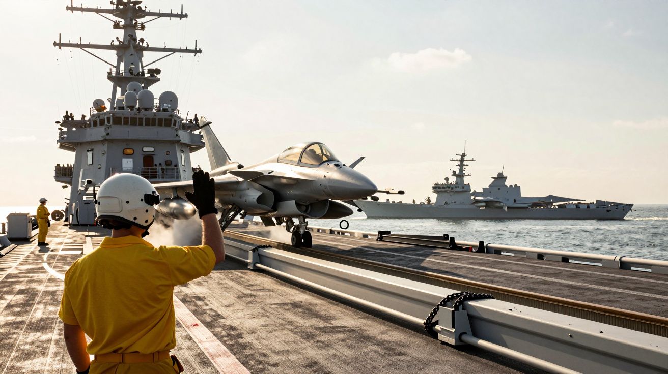 Avion de vânătoare pe un portavion, marinar salută în timp ce nava pregătește decolare pe mare.