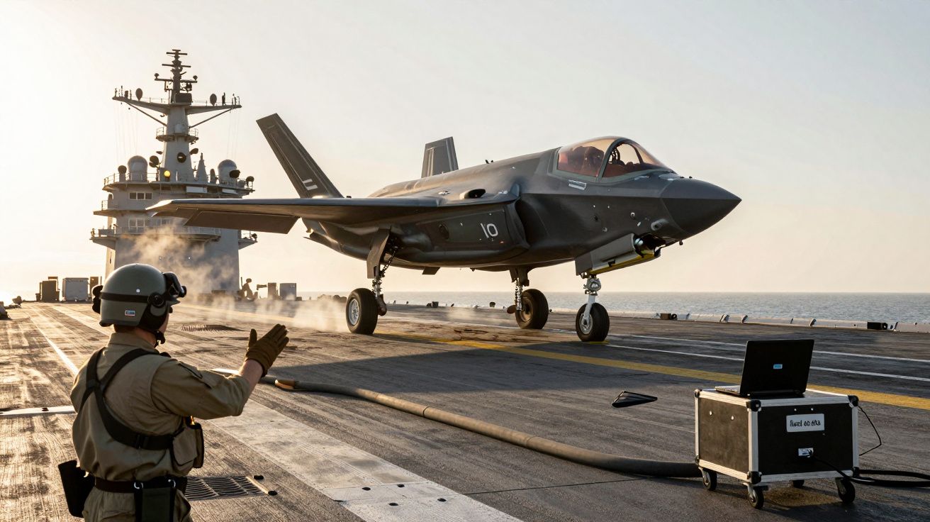 Avion militar aterizând pe un portavion, cu un personal navigant direcționându-l.