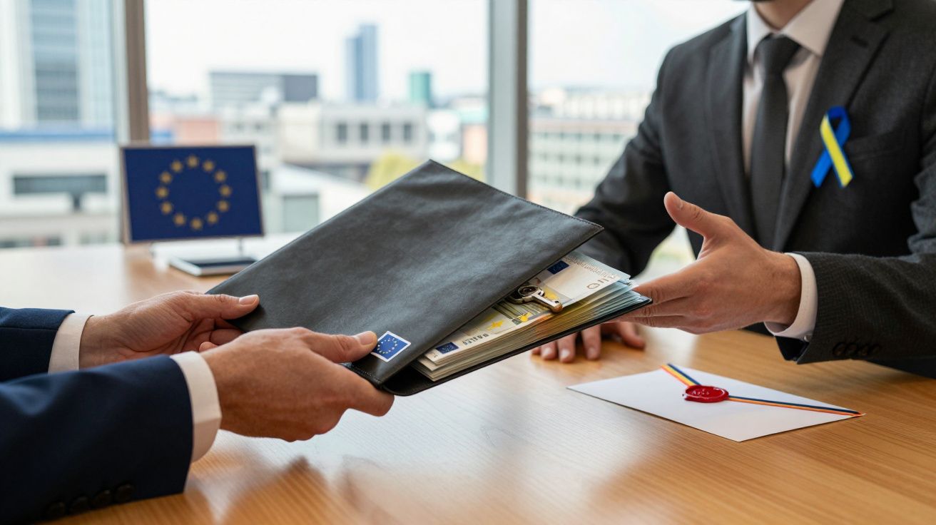 Întâlnire de afaceri; două persoane schimbă un dosar cu bani și un plic sigilat; drapel UE în fundal.