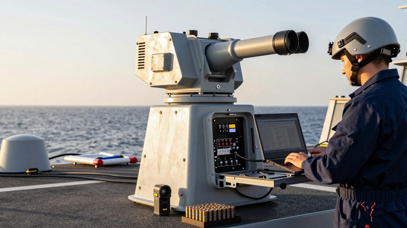 Persoană operează un sistem naval de supraveghere pe o navă, cu oceanul pe fundal.