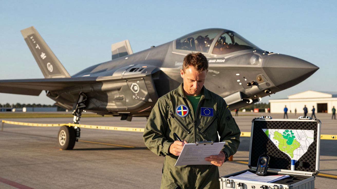 Pilot într-o uniformă militară completează documente lângă un avion de vânătoare, cu o hartă și un dispozitiv deschise în val