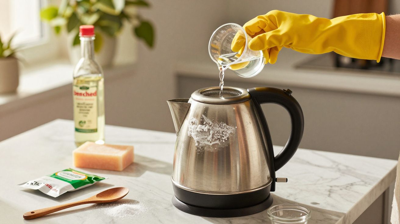 Mână cu mănușă galbenă toarnă apă în fierbător de inox pe un blat, lângă oțet, burete, lingură și detergent.