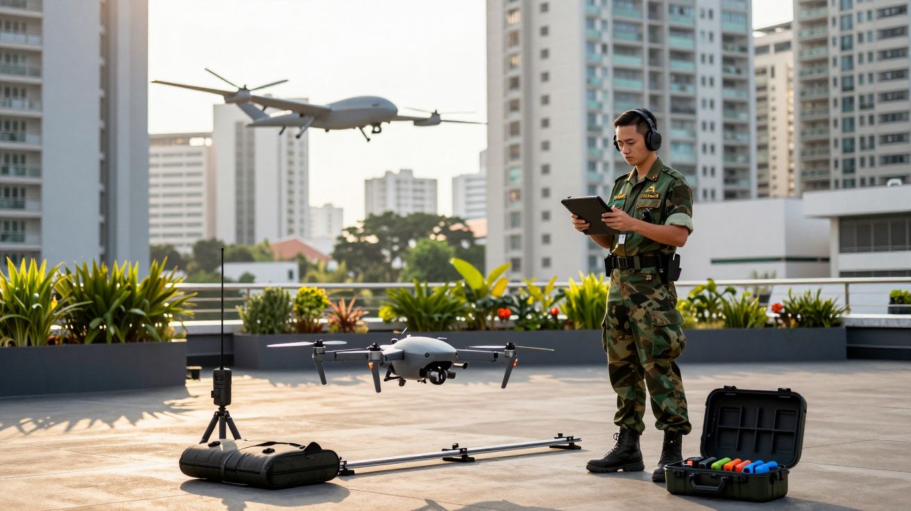 Soldat controlează drone pe tabletă pe acoperiș, înconjurat de clădiri și echipamente.