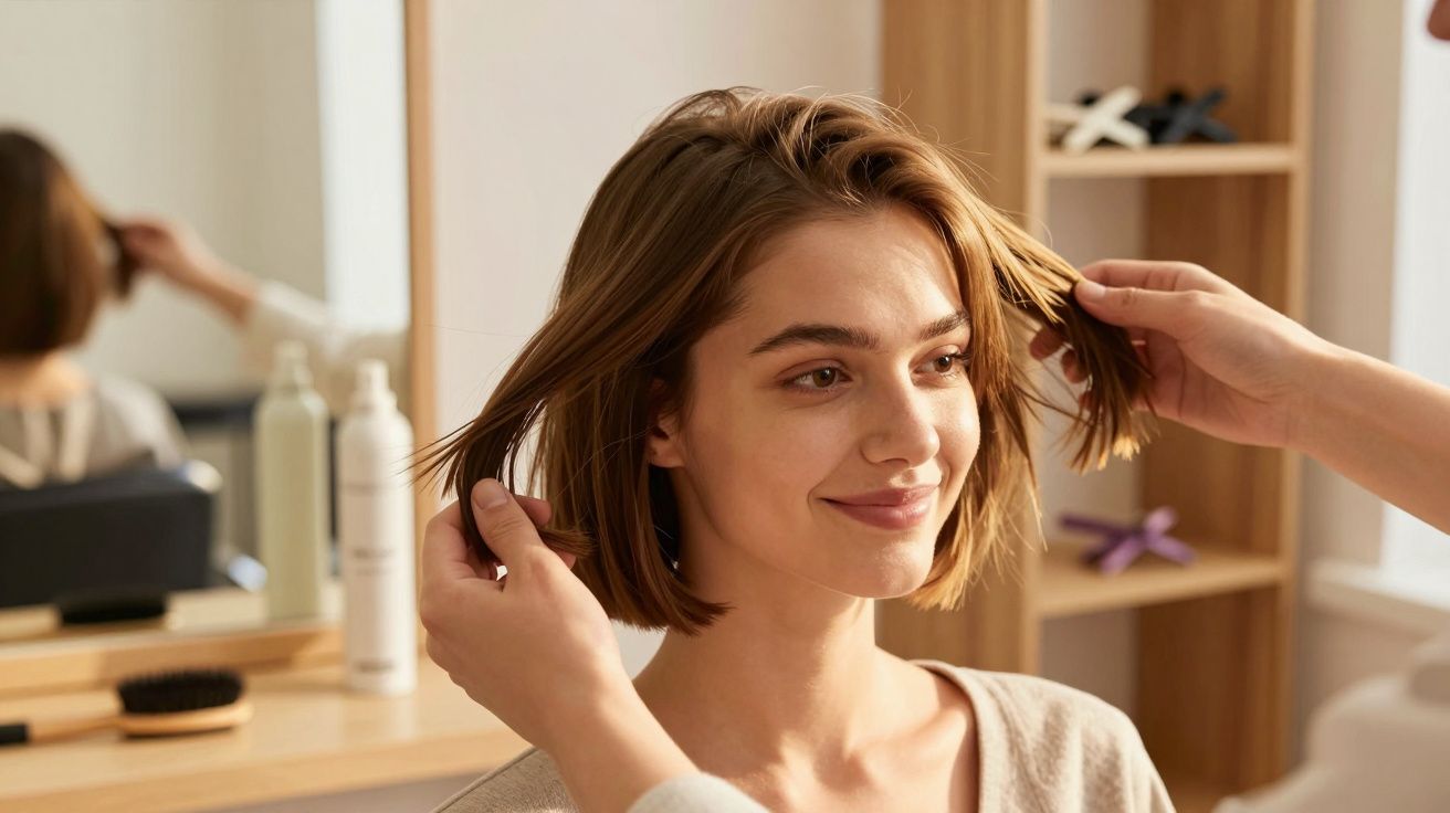 Femeie zâmbitoare cu păr scurt, aranjat de un stilist într-un salon luminos.