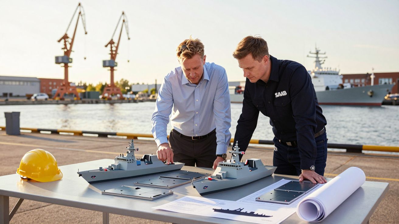 Doi bărbați analizează machete de nave pe o masă, lângă un port cu macarale și nave în fundal. Casca galbenă alături.