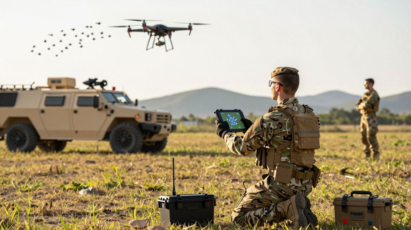 Soldat operează o dronă cu o tabletă în câmp, lângă un vehicul militar în fața munților.