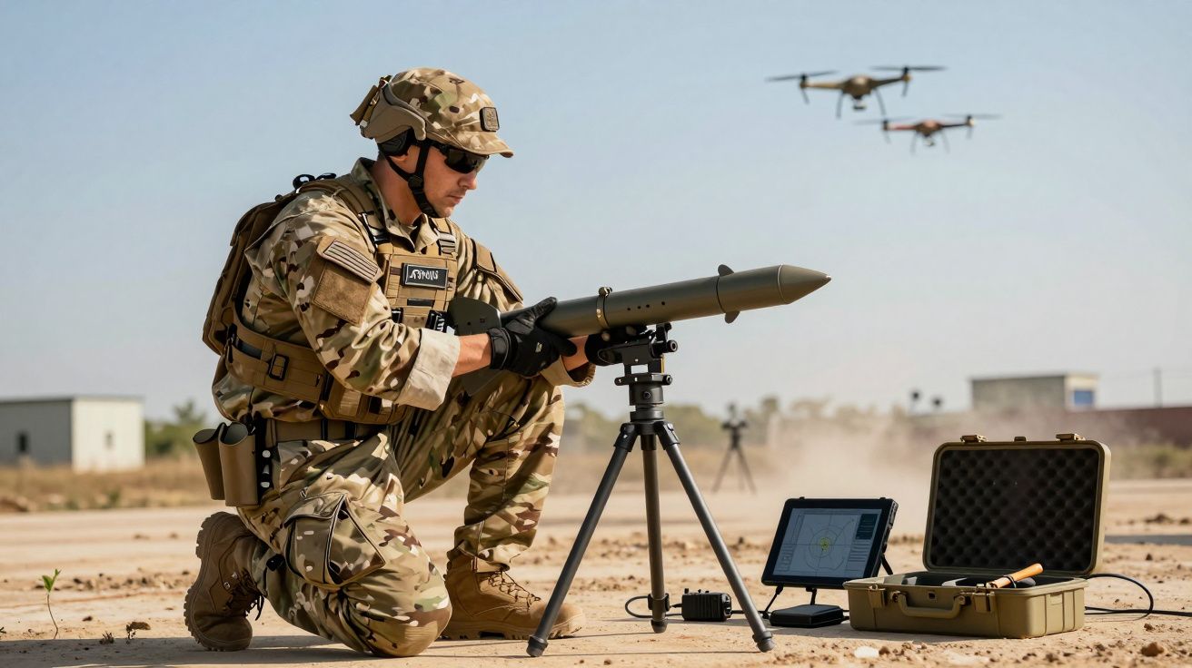 Soldat în uniformă camuflaj operând un dispozitiv împotriva dronelor; două drone zboară în fundal.