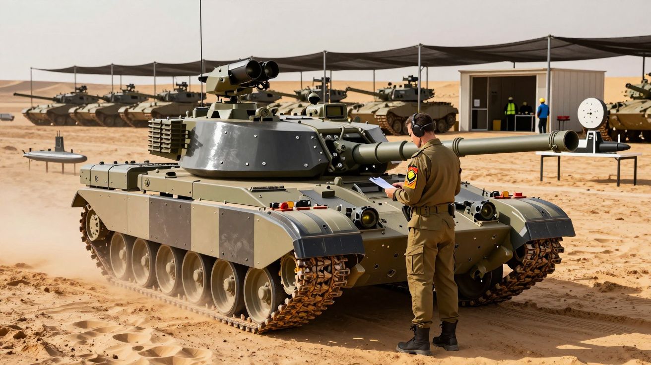 Tanc militar pe un teren de antrenament deșertic, cu un soldat lângă el, analizând instrucțiuni.