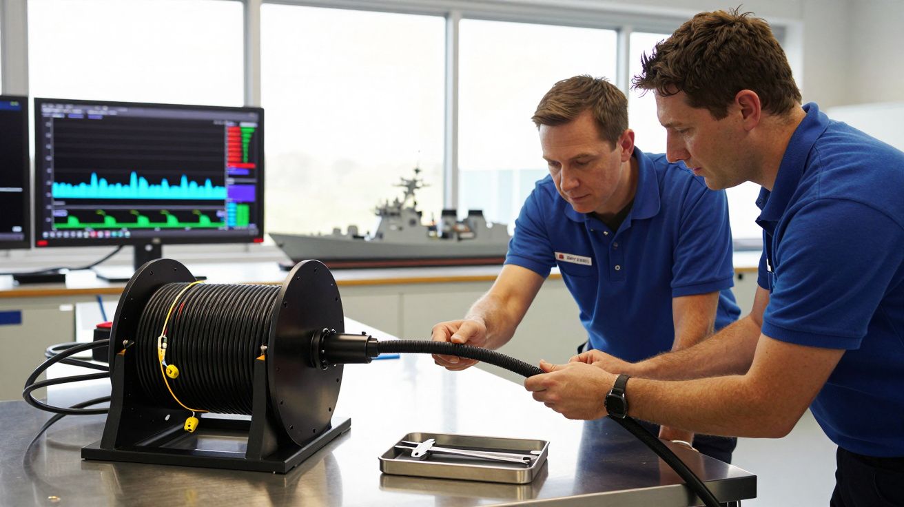 Doi bărbați examinează un cablu într-un laborator cu un monitor și un model de navă în fundal.