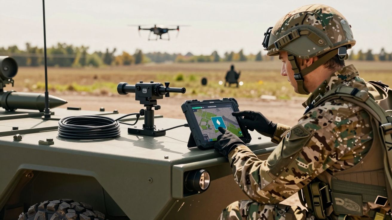 Soldat folosind tabletă pentru a controla o dronă pe un câmp, echipat cu uniformă de camuflaj.