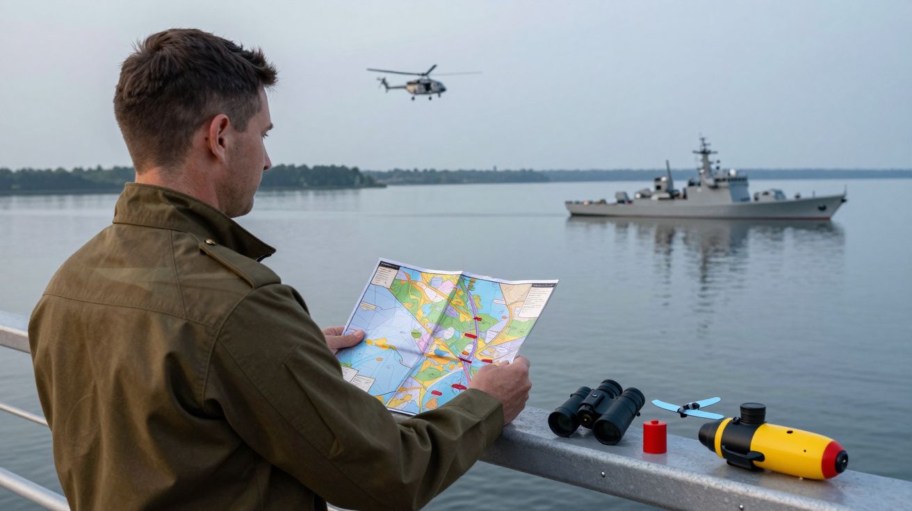 Bărbat citește o hartă lângă o apă, cu un binoclu și obiecte pe balustradă; în fundal un elicopter și o navă.