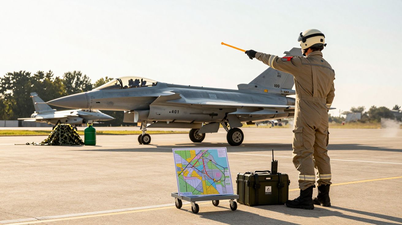 Tehnician pe pistă dirijând un avion de luptă F-16; hartă și echipamente în prim-plan.