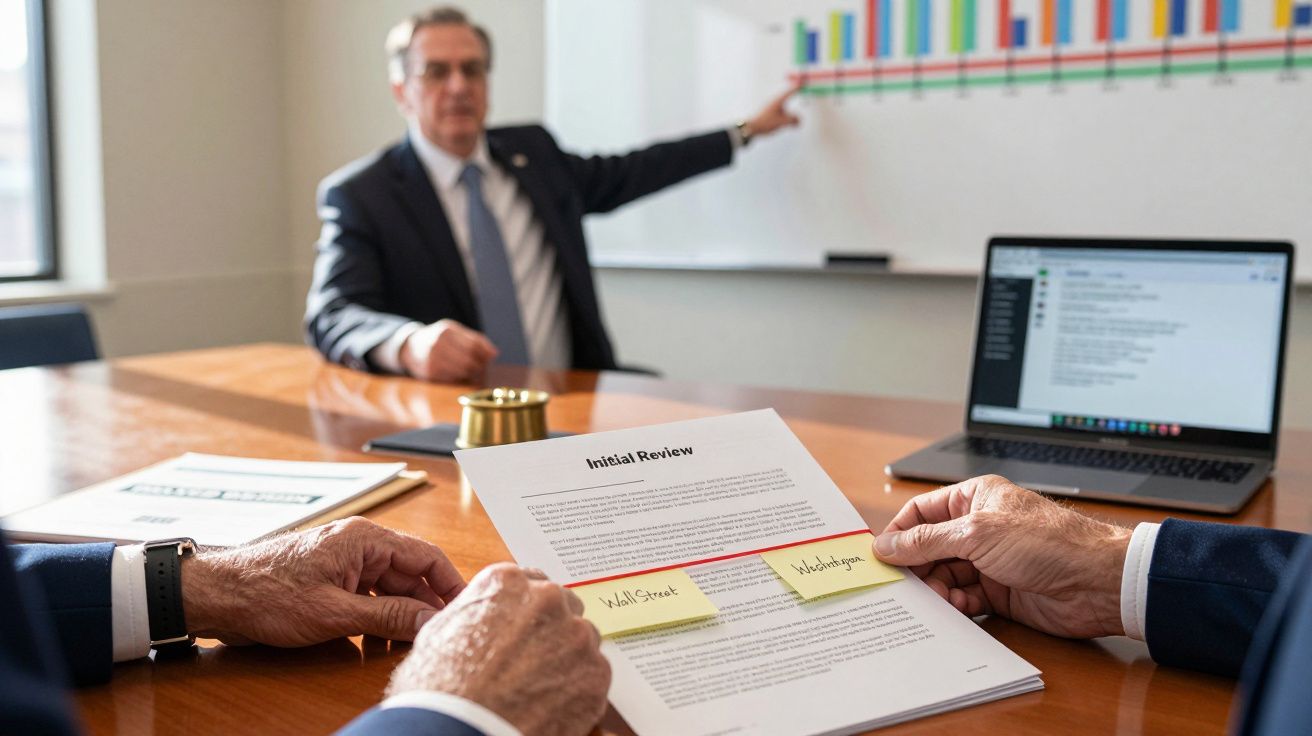 Bărbat indicând spre un grafic pe tablă în timpul unei ședințe, cu documente și laptop pe masă.