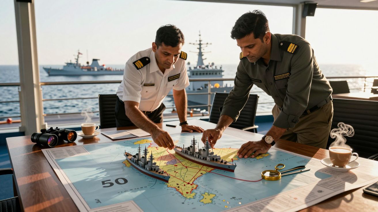 Doi ofițeri navali analizează o hartă maritimă, cu vase în miniatură, pe un vas în larg.