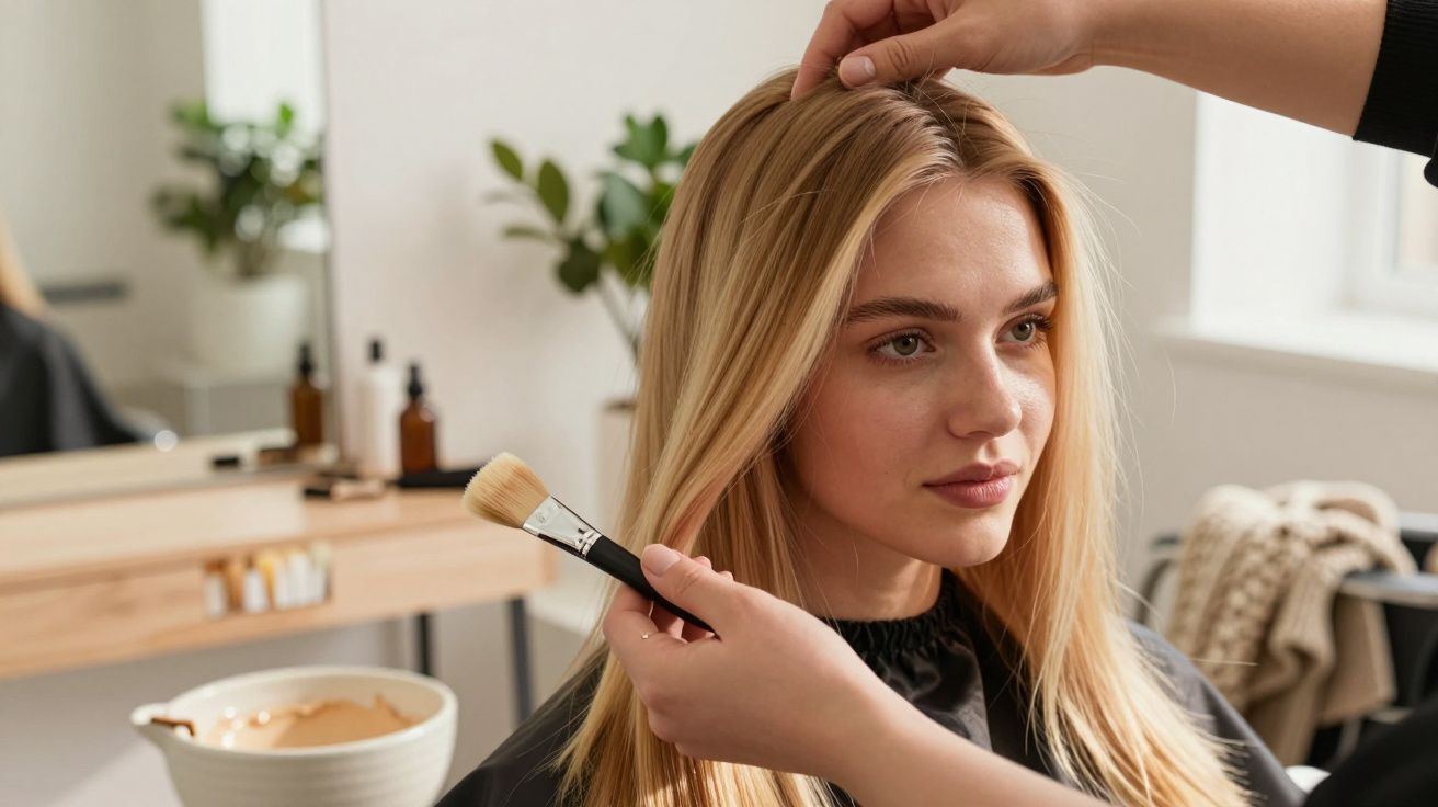 Femeie blondă în salon de înfrumusețare, coafată și machiată, cu pensula aplicând machiaj.