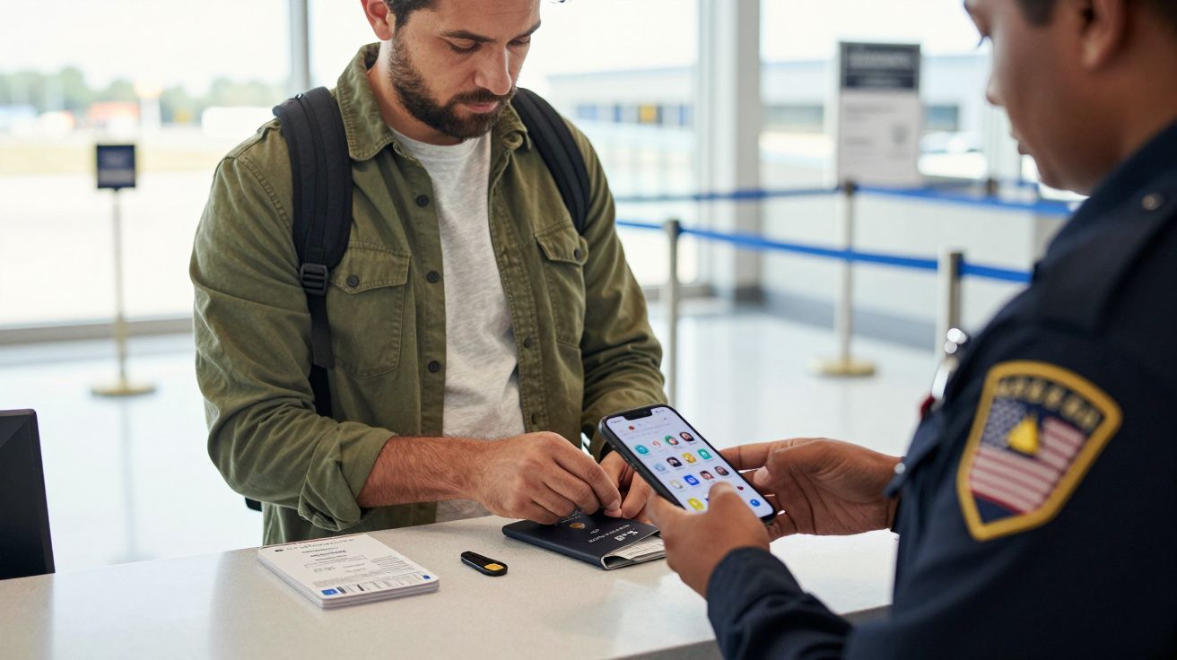 Bărbat la controlul de securitate al aeroportului arătând documente, polițistul verifică telefonul său mobil.