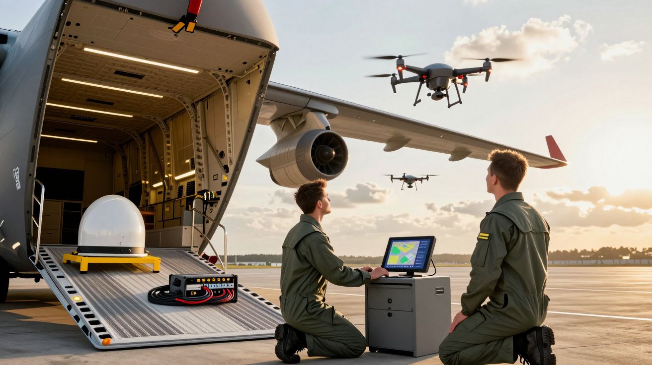 Doi militari operează drone din fața unui avion cargo, cu un laptop pe pistă, la apus.