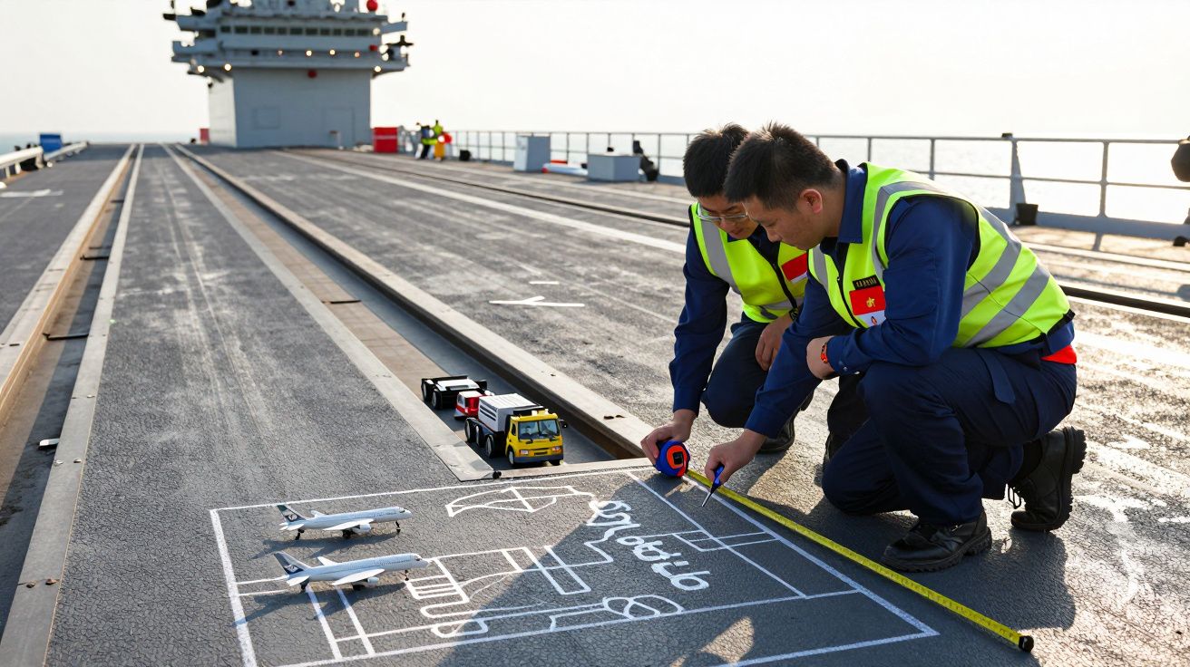 Doi muncitori pe un portavion, măsurând cu o ruletă un desen pe punte, lângă jucării de avion și camion.