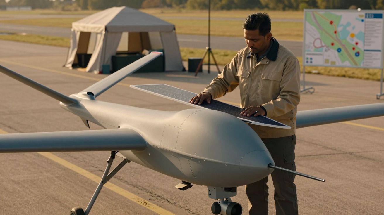 Bărbat lucrând la un avion dron pe pistă, cu un cort și o hartă în fundal.