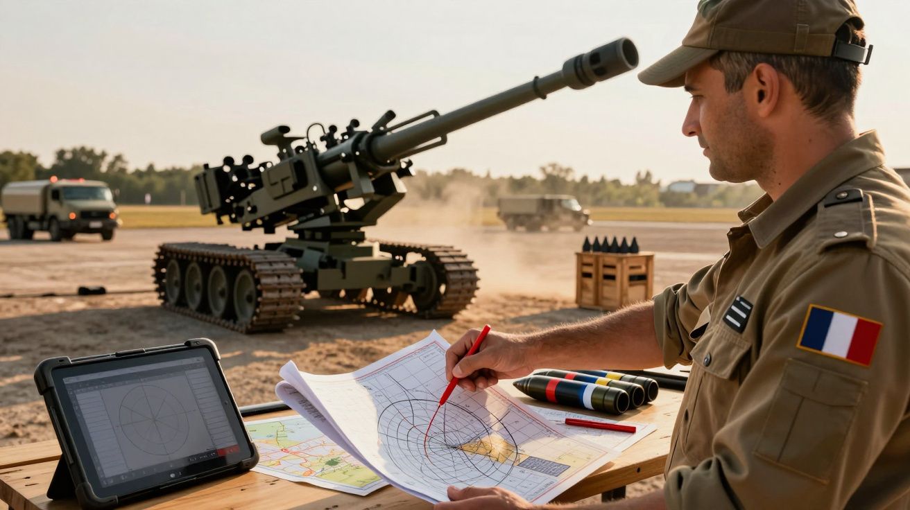 Bărbat în uniformă militară, analizând o hartă lângă un tun automat pe un câmp deschis.