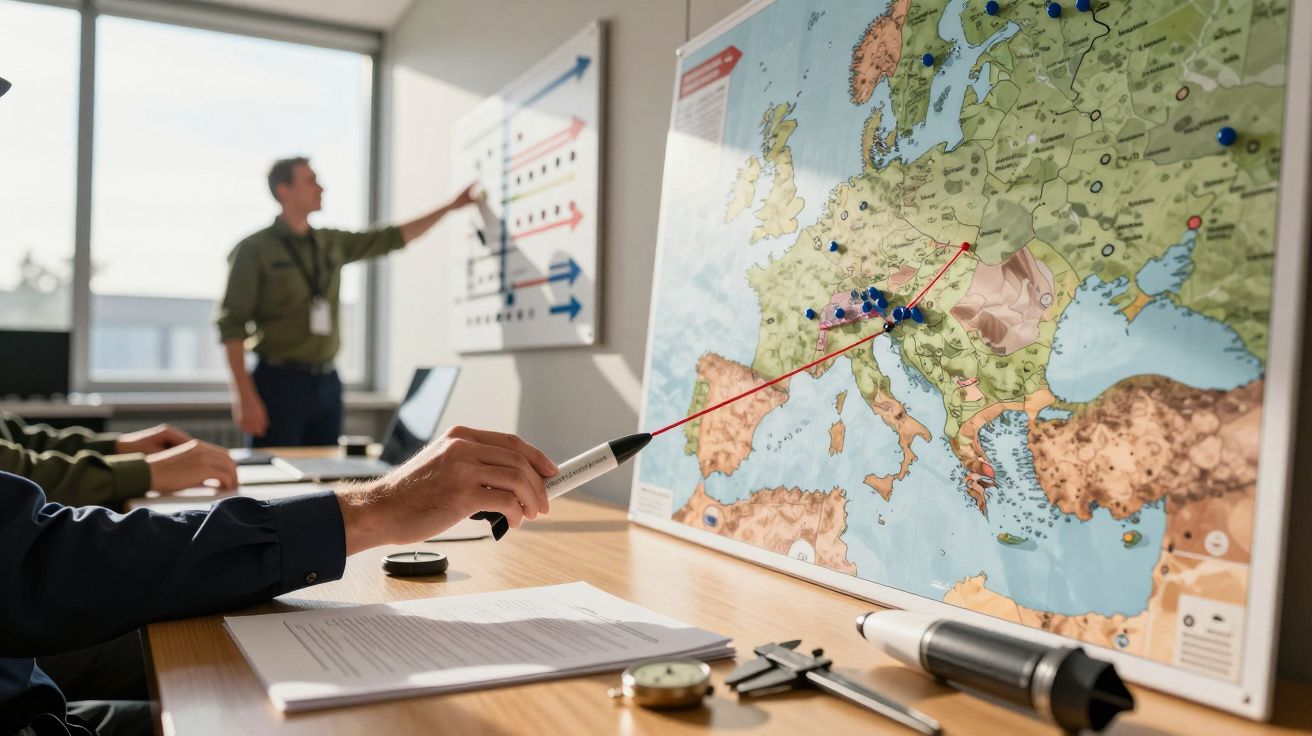 Bărbat indicând hărți militare într-o sală de conferințe, cu documente și instrumente pe masă.