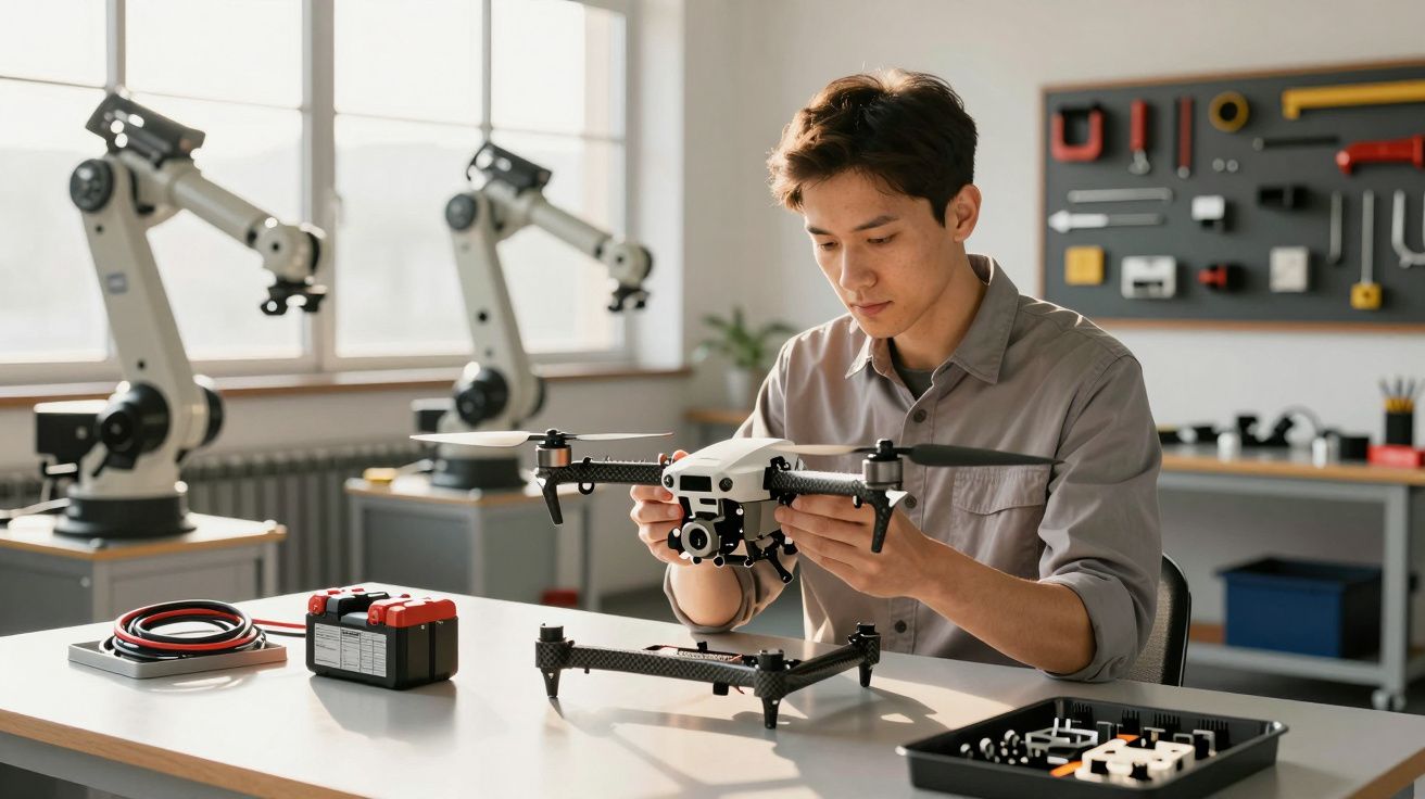 Bărbat lucrând la un dronă pe o masă într-un laborator cu brațe robotizate și unelte pe fundal.