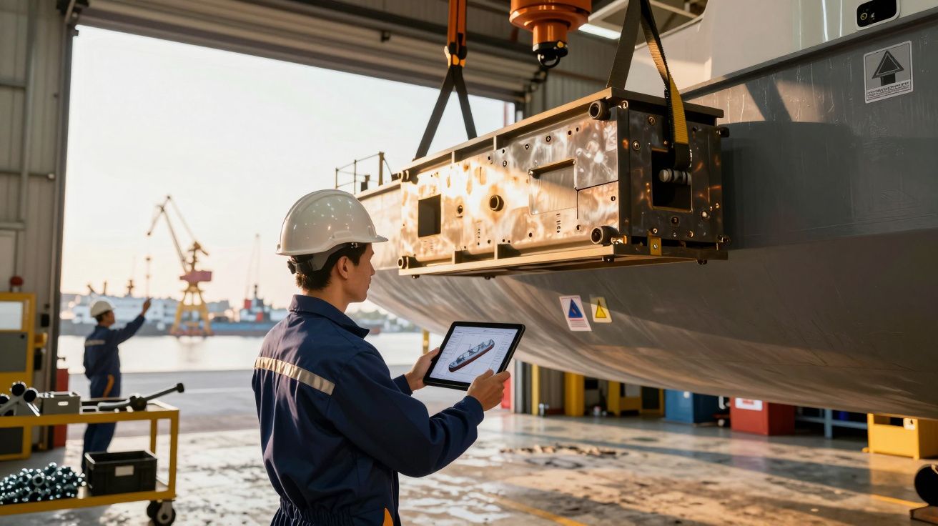 Muncitor în hală industrială verificând un utilaj suspendat folosind o tabletă. Crăcură în fundal.