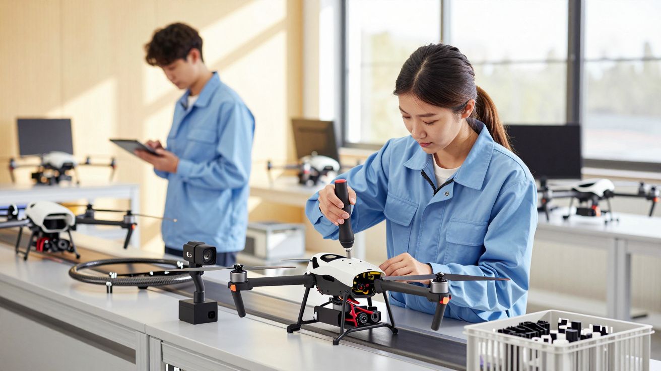 Două persoane asamblează drone într-un laborator, purtând uniforme albastre.