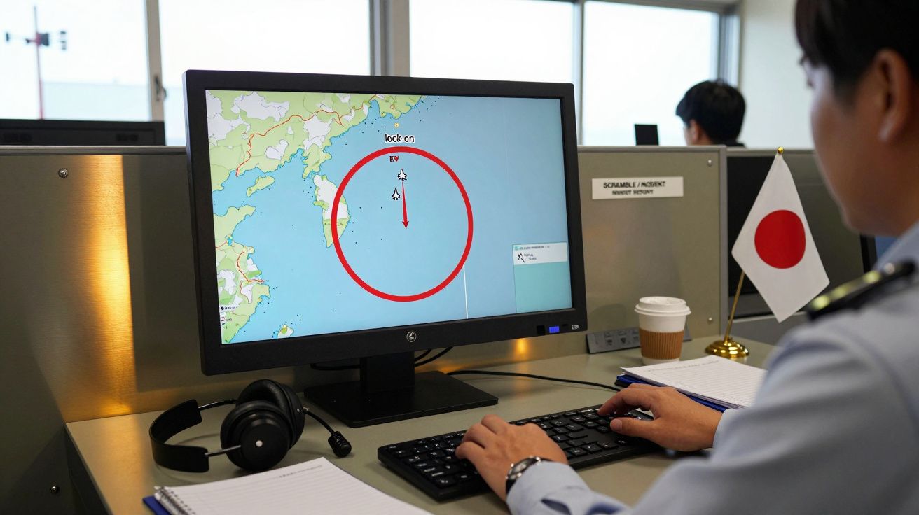 Persoană urmărind un ecran radar care afișează o hartă, cu un steag japonez și căști lângă monitor.