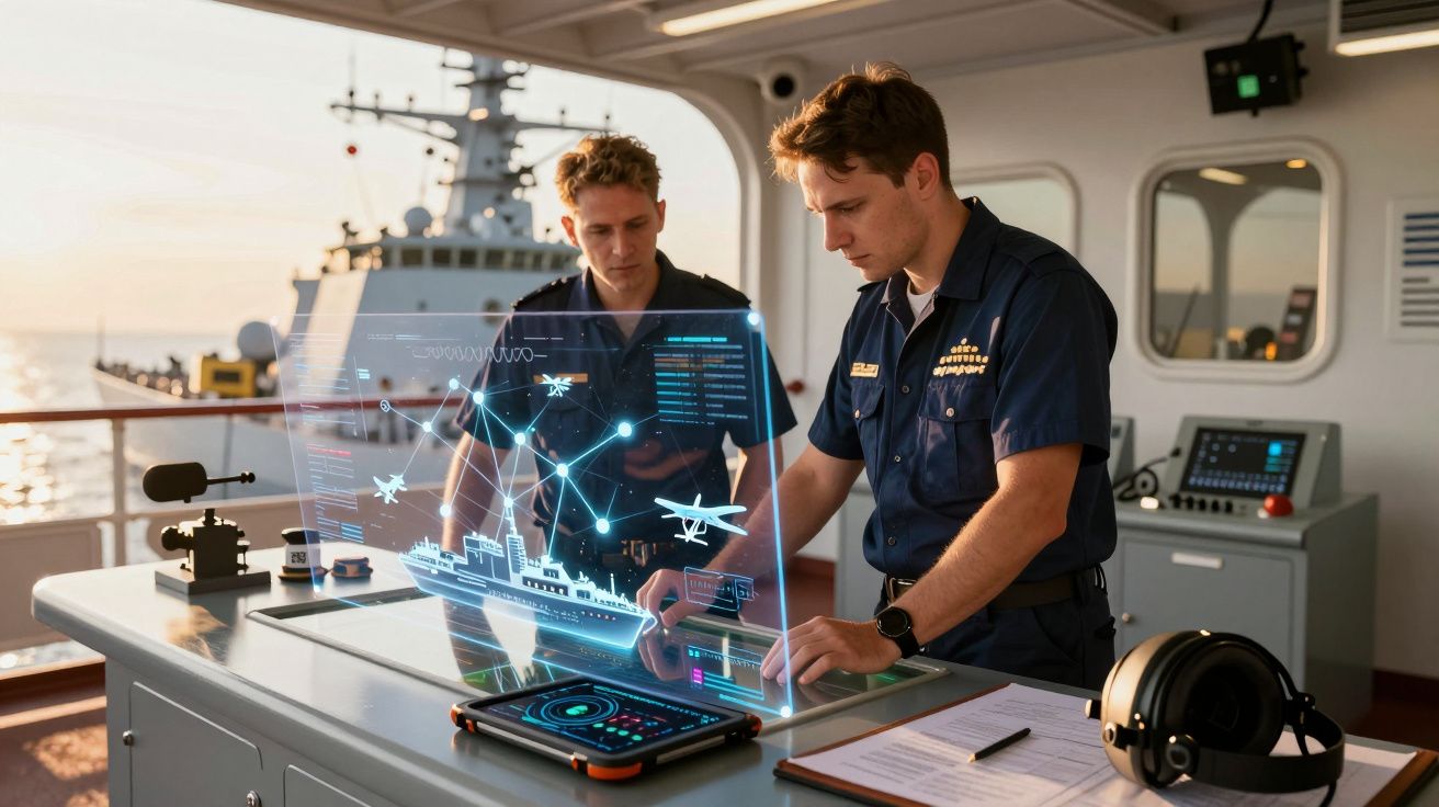 Doi bărbați în uniformă marină navigând un ecran digital holografic pe o navă.