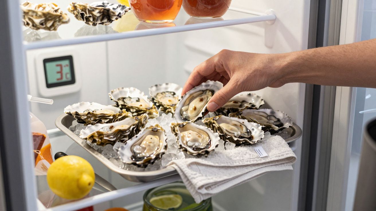 Mână ia o stridie din tava cu gheață, plasată în frigider lângă lămâi și borcane.