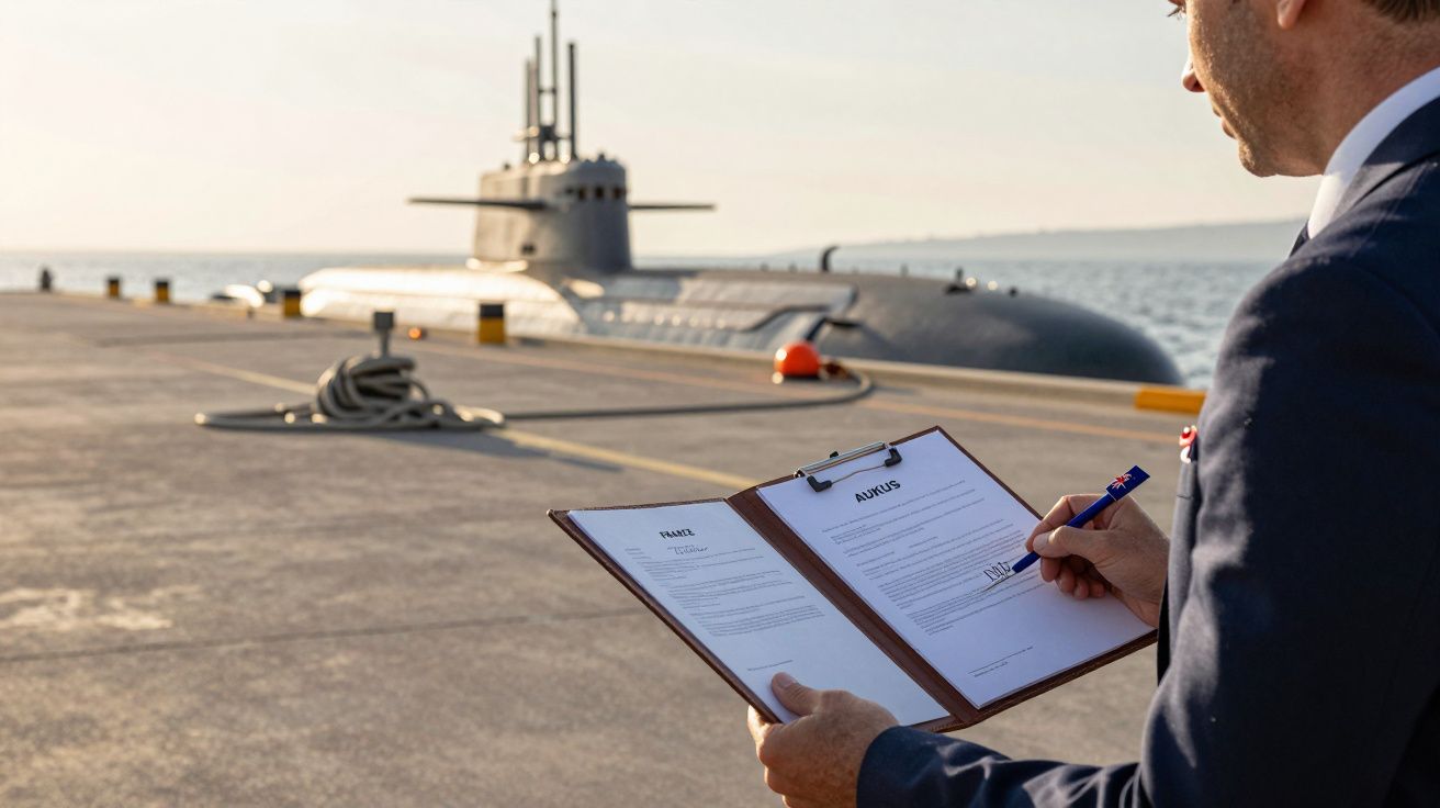 Un bărbat în costum scrie pe o foaie pe un clipboard, în fața unui submarin andocat la mal.