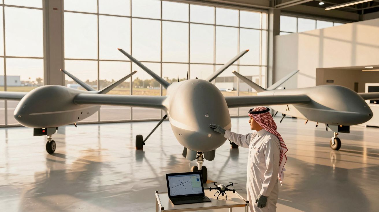 Bărbat în halat tradițional, interacționând cu un avion fără pilot în hangar modern, cu laptopul lângă el.