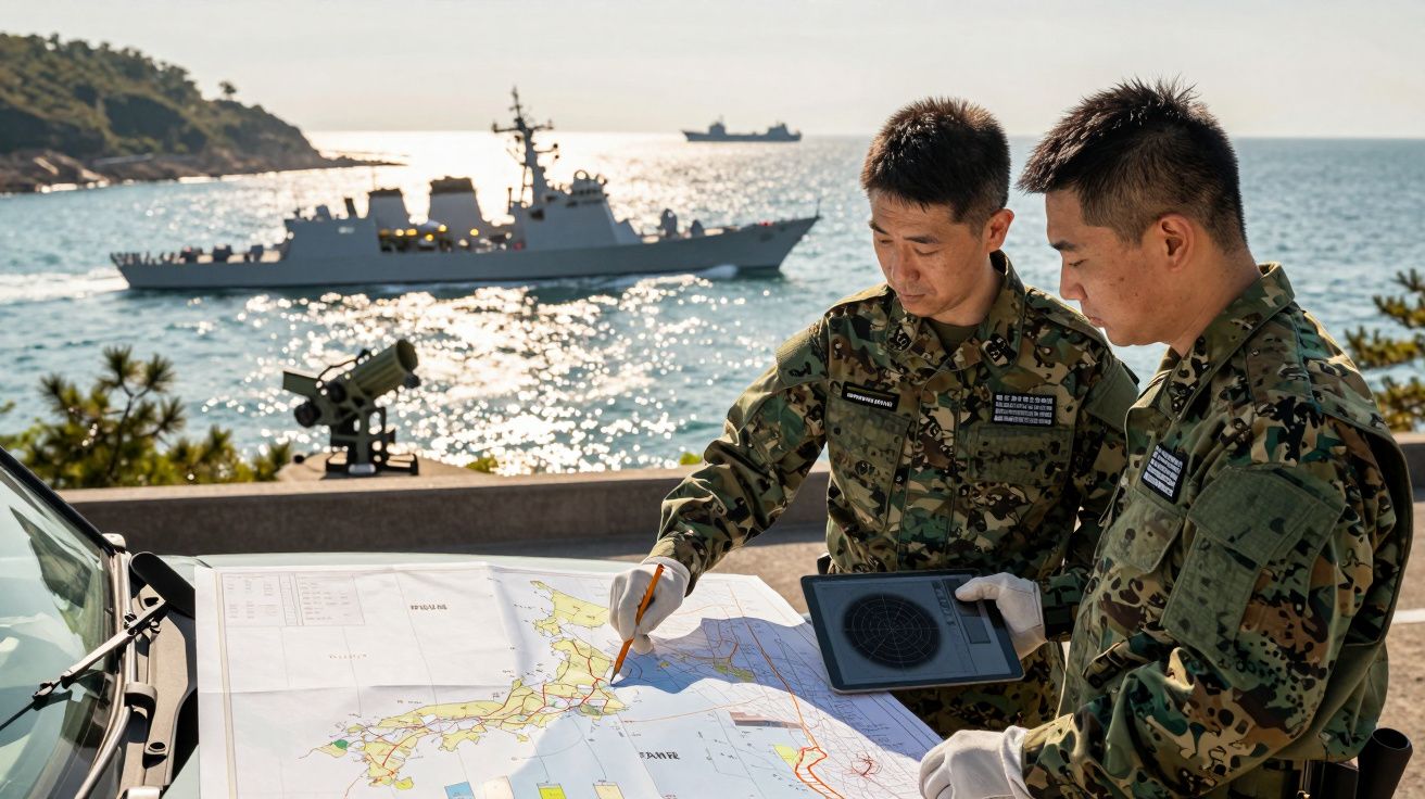 Doi militari analizează o hartă maritimă pe malul mării, cu o navă de război pe fundal.