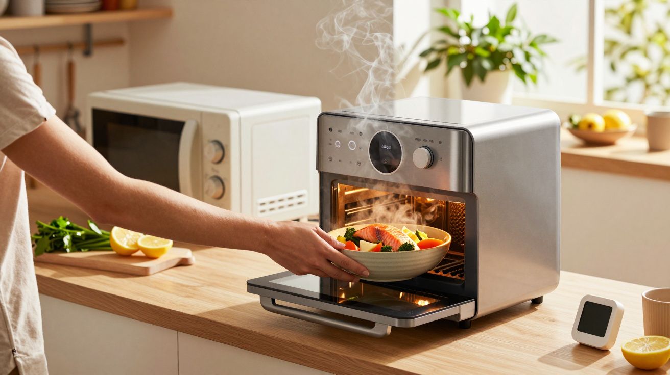 Persoană scoate un bol cu legume gătite dintr-un cuptor modern; aburul se ridică în bucătăria luminoasă.