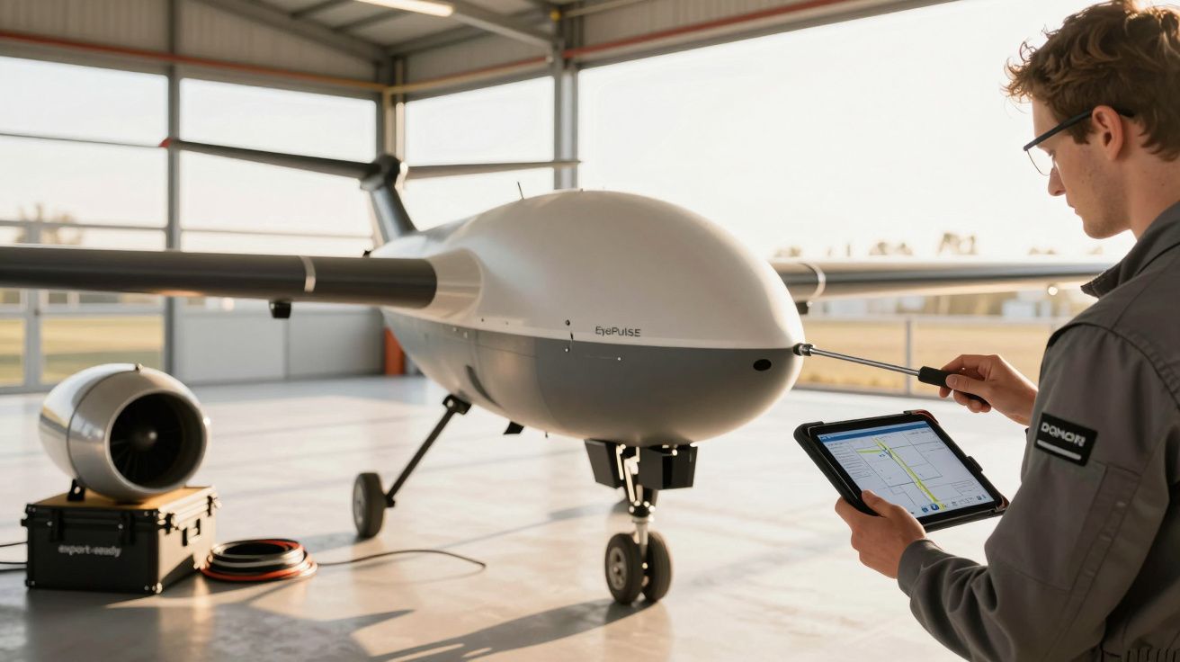 Inginer analizează un drone de mari dimensiuni într-un hangar, folosind o tabletă pentru diagnostic.