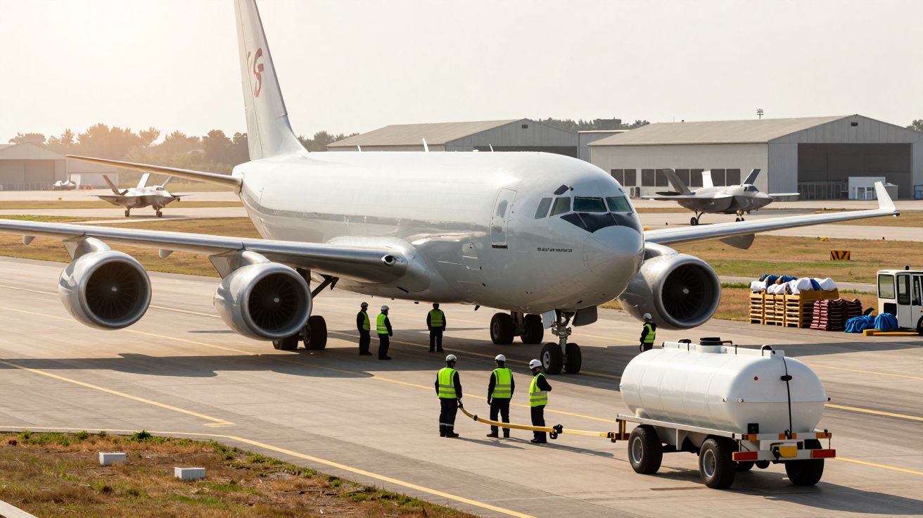Avion alb pe pistă cu echipaj la sol și cisternă de combustibil în față, la un aeroport în timpul zilei.