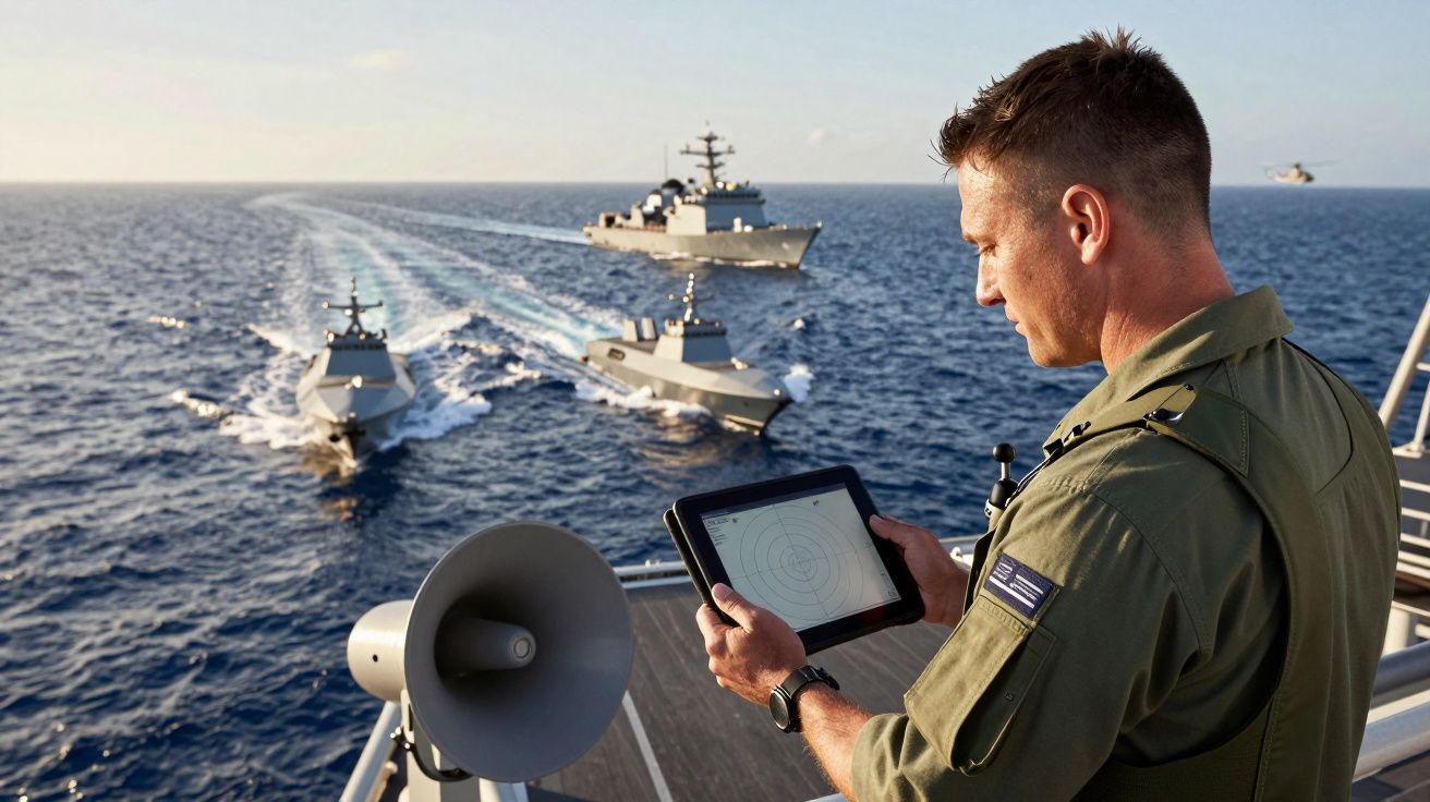 Un militar cu tabletă observă trei nave militare și un elicopter pe mare.