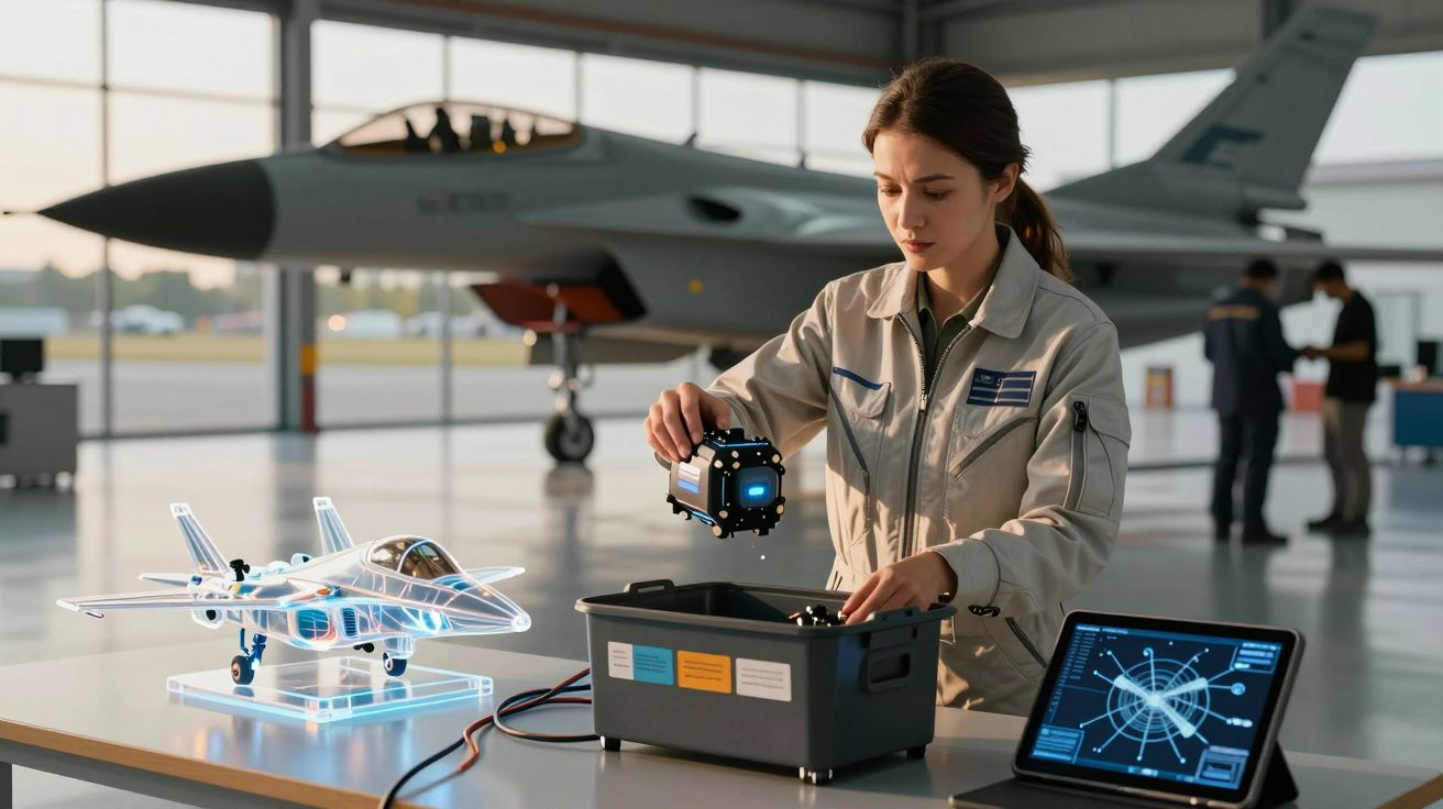 O femeie în uniformă tehnică, examinând un dispozitiv, lângă un model de avion și un laptop, în hangar de avioane.