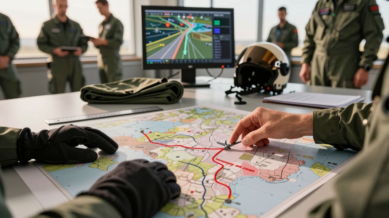 Un grup de piloți analizează o hartă și planifică o misiune, cu un monitor și echipament militar pe masă.