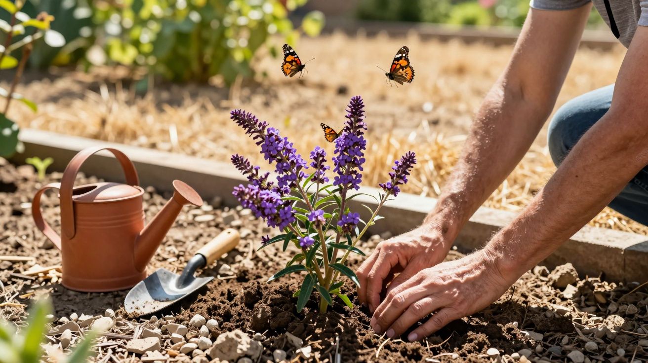 Persoană plantând flori mov în grădină, cu o stropitoare și lopețică alături; fluturi zboară deasupra.
