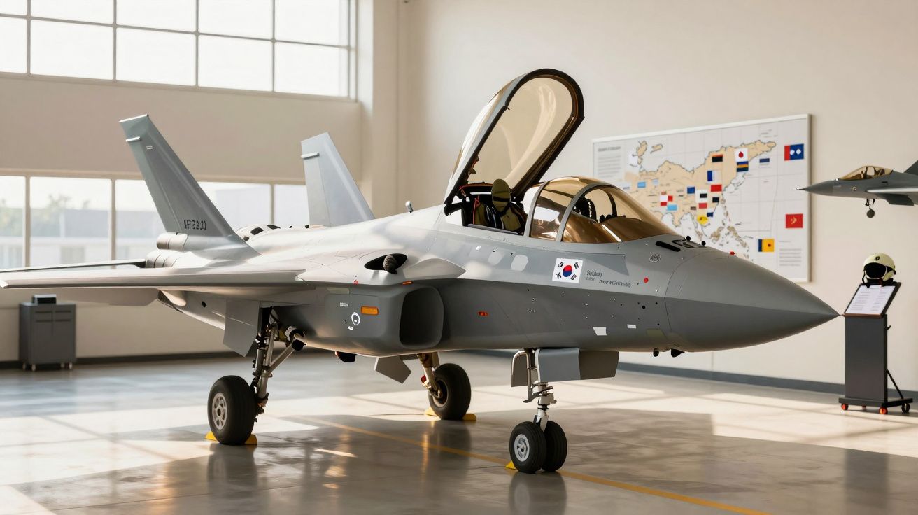 Avion de luptă modern, cu ușa deschisă, parcat într-un hangar luminos. Harta este pe peretele din fundal.