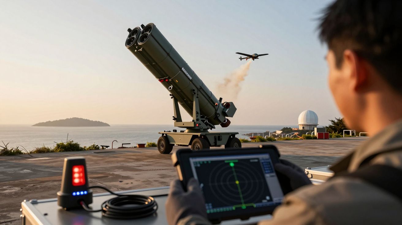 Bărbat controlează lansator de rachete telecomandat, sub cer senin, cu dronă deasupra unei insule la orizont.