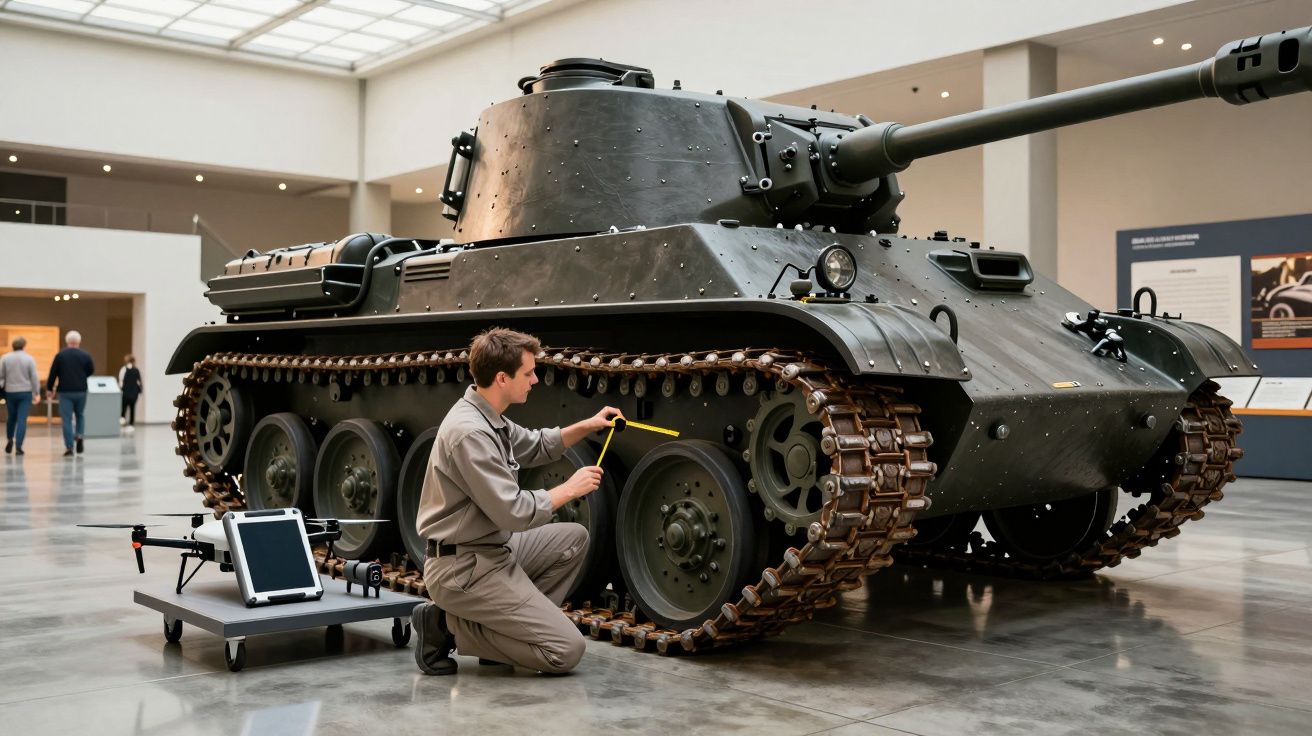 Bărbat măsurând tanc cu ruletă într-un muzeu modern, vizitatori în fundal.