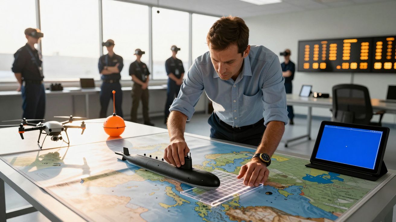 Bărbat analizând o hartă maritimă cu un model de submarin, drone și tabletă într-o sală de comandă modernă.