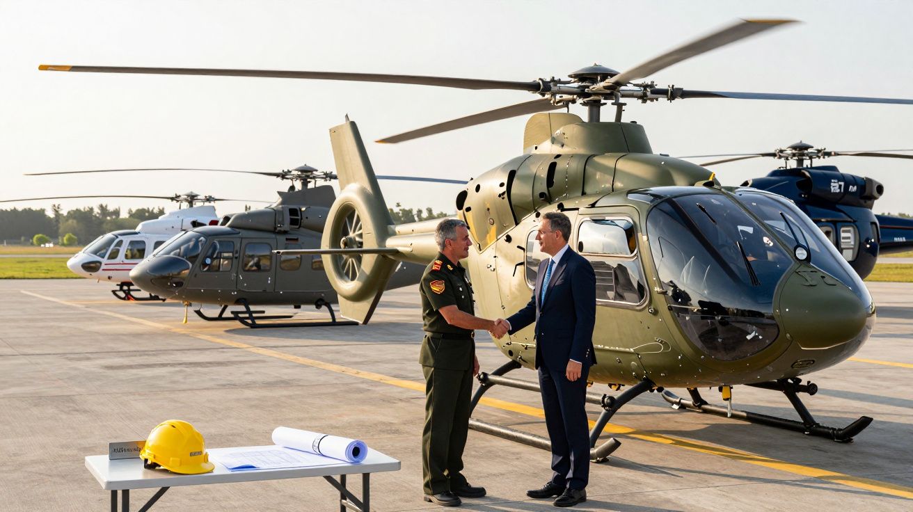 Doi bărbați în fața unui elicopter militar, dând mâna pe pista unui aerodrom, cu alte elicoptere în fundal.