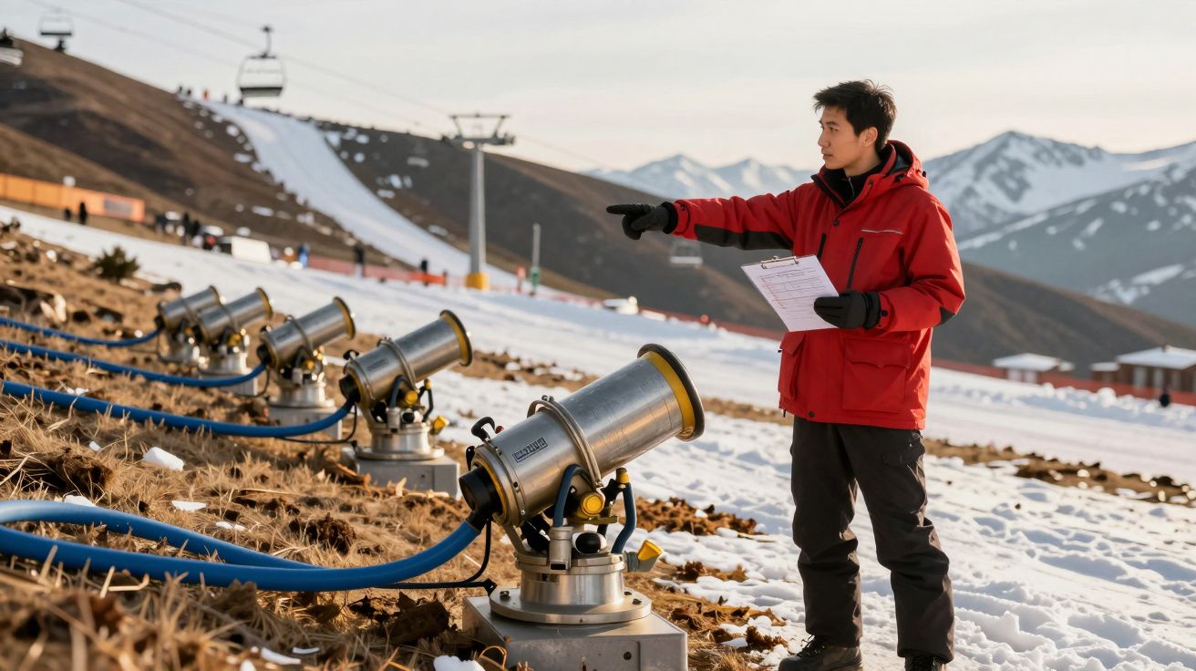 Persoană în geacă roșie, inspectând tunuri de zăpadă pe un munte, cu telescaun și pante acoperite parțial de zăpadă.