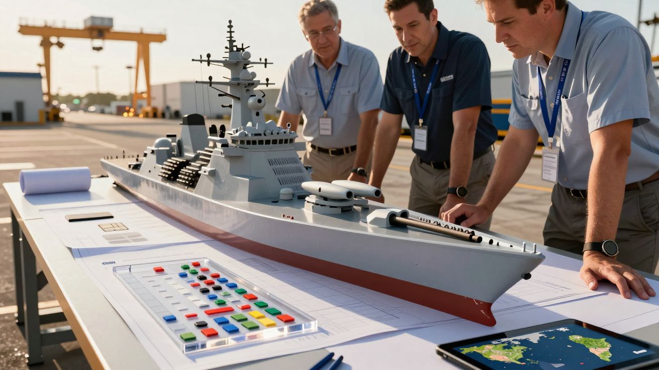 Trei bărbați studiază un model de navă militară pe o masă, însoțit de documente și o tabletă cu hartă.