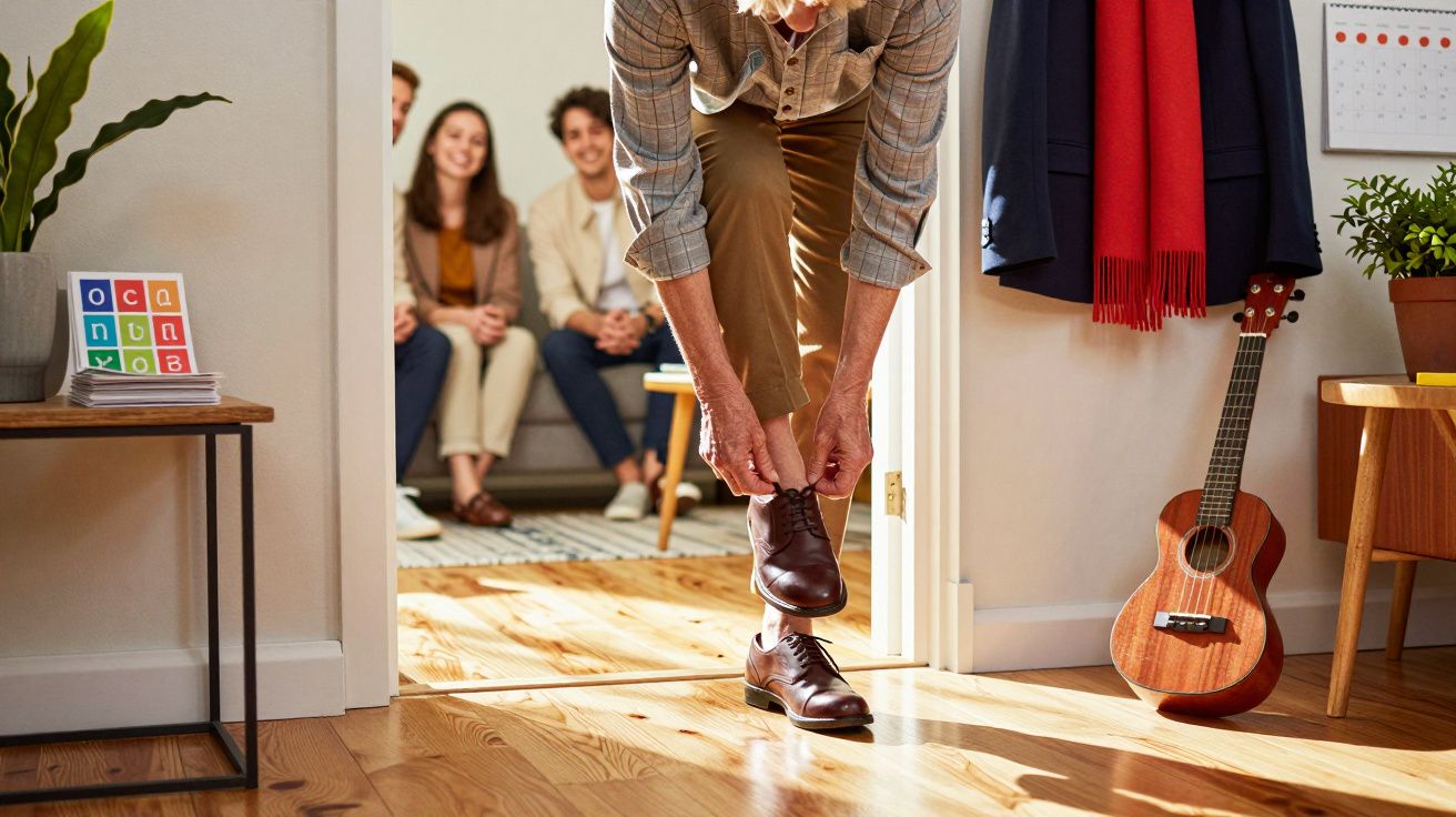 Persoană încalță pantofi maro într-o cameră, cu trei persoane zâmbitoare pe canapea în fundal și o chitară lângă perete.