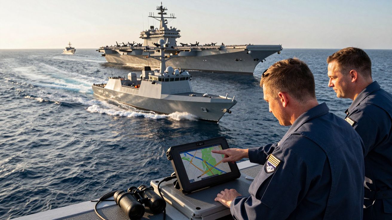 Două nave militare navigând pe ocean, ofițeri monitorizând ruta pe un dispozitiv electronic pe puntea unei alte nave.